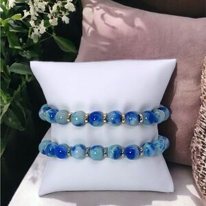 NWT Wool + Pepper Co.Blue Point Jade Beaded Bracelet with gold or silver accents